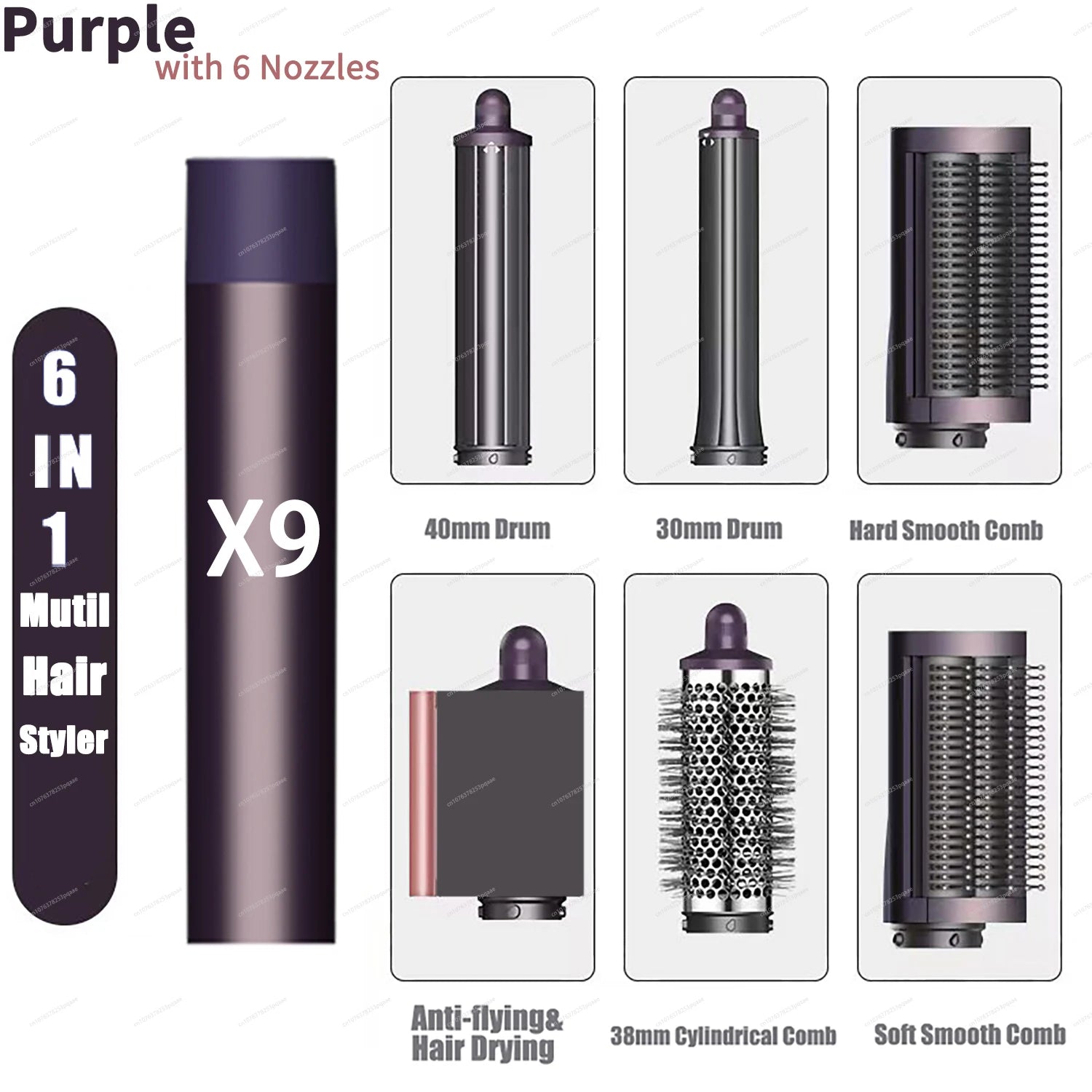 Sencimen X19 purple 6-in-1 hair styler with auto-curling barrels, smoothing combs, and dryer nozzle for professional hair.