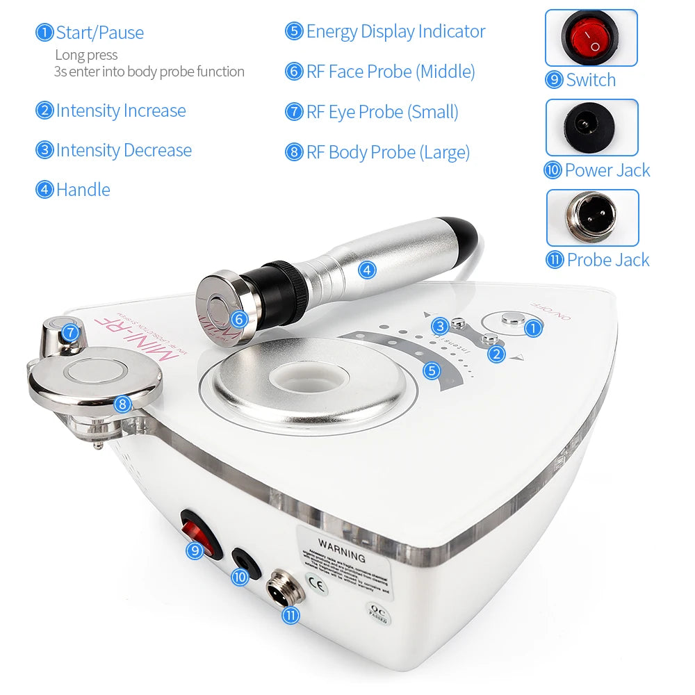 White triangular 3-in-1 RF skin lifting machine with three silver metal probes and numbered control diagrams.