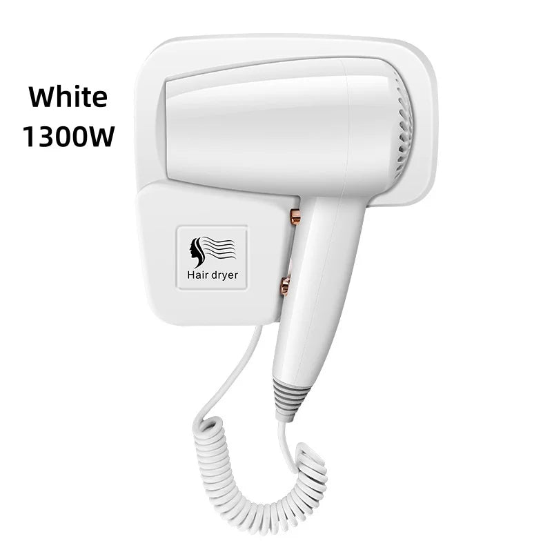 White 1300W wall-mounted hair dryer with coiled cord, perfect for space-saving home or hotel bathroom styling.