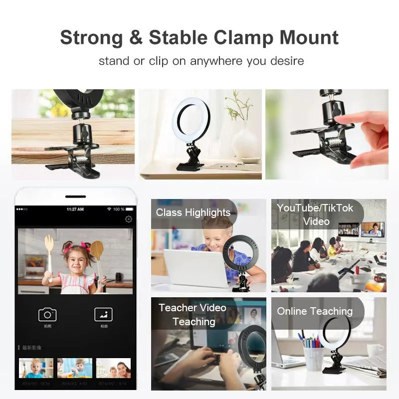 Black circular ring light with a spring-loaded clamp base for mounting on desks or screens for video calls and content.