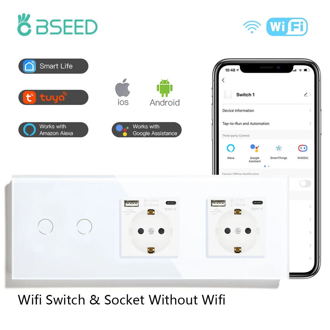 WiFi Smart Wall Switch with USB-C Port - Glass Panel Tidesmit 2G Double Type-C EU standard Tidesmit