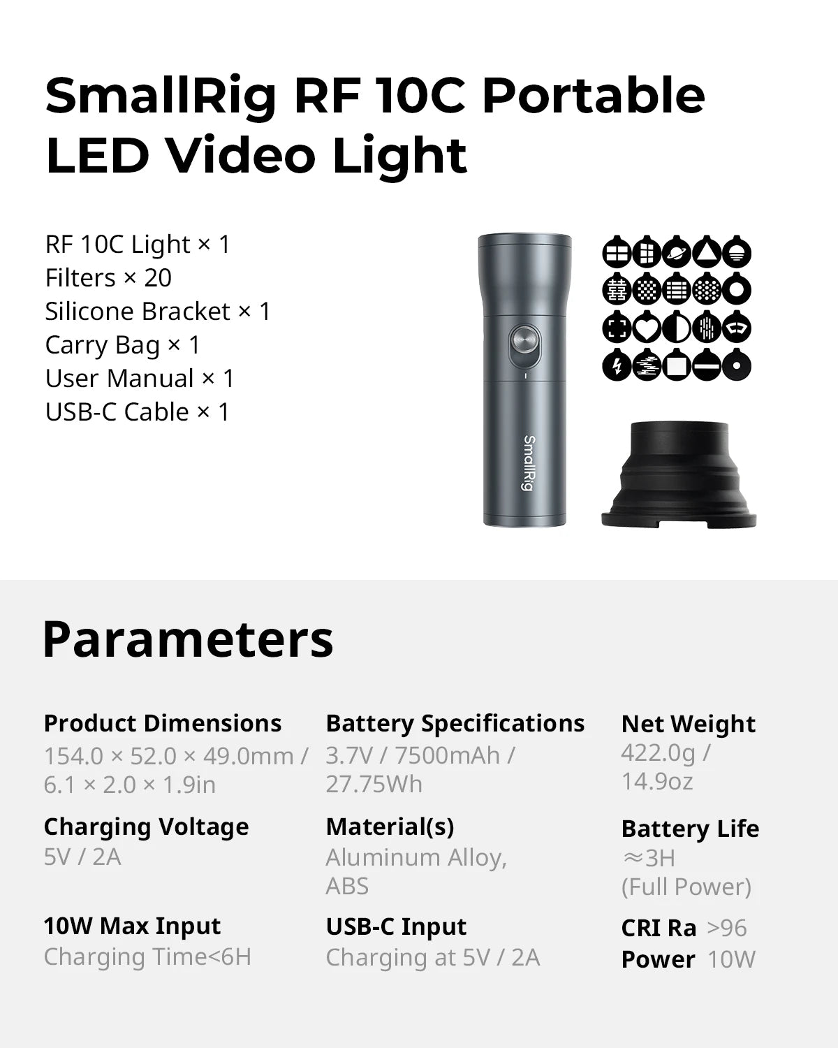 RF 10C portable LED video light with grey cylindrical body, 20 pattern filters, and silicone bracket for photography.