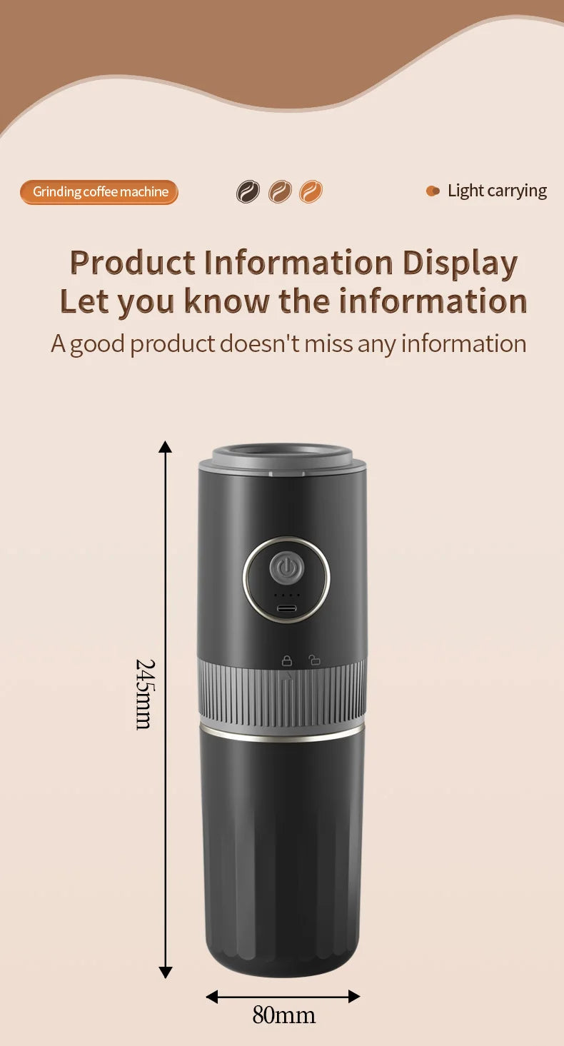 Portable black electric coffee grinder machine, 245mm tall, with USB-C charging and minimalist cylindrical design.