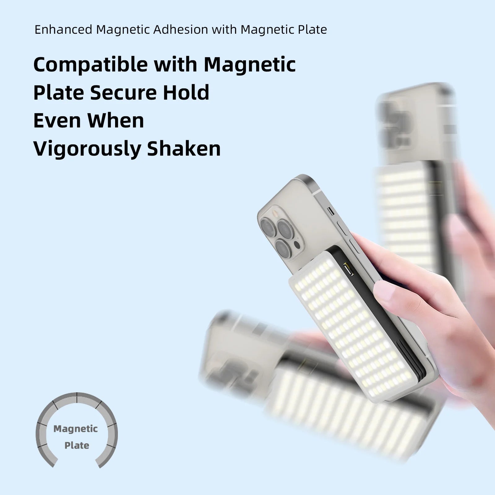 Black rectangular magnetic LED phone light attached to a smartphone being shaken to demonstrate secure hold.