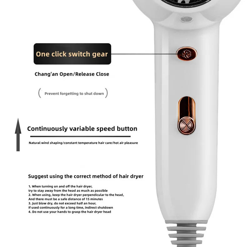 White wall-mounted hair dryer with one-click switch, variable speed control, and blue light hair care technology.