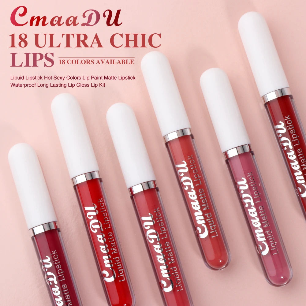 CmaaDU long-lasting waterproof matte liquid lipsticks in various vibrant shades with white caps on pink background.