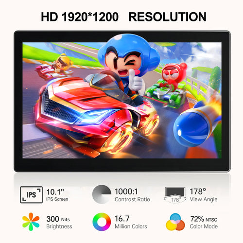 10.1-inch portable IPS touchscreen monitor with 1920x1200 resolution, thin black bezels, and gaming graphics display.