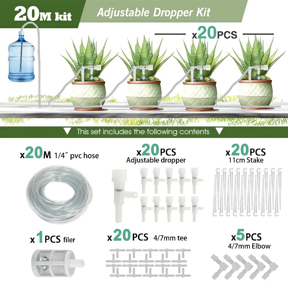 Garden drip irrigation kit, 20-piece with hose, adjustable droppers, stakes, tees and filter.