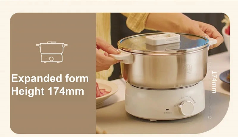 Small electric cooking pot with lid and white base, compact height with front knob