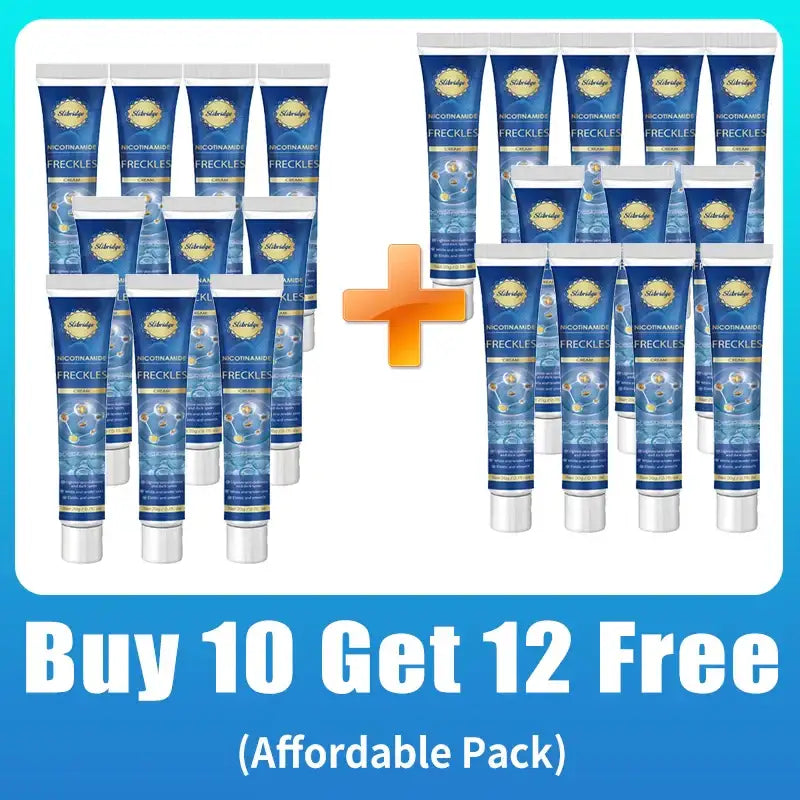 Many tubes of blue and white Nicotinamide Freckle Cream arranged with a plus sign and a "Buy 10 Get 12 Free" offer.