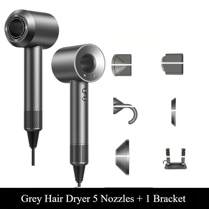 Grey 5-in-1 professional ionic hair dryer with 5 styling attachments and wall bracket for smooth, heat-safe styling.