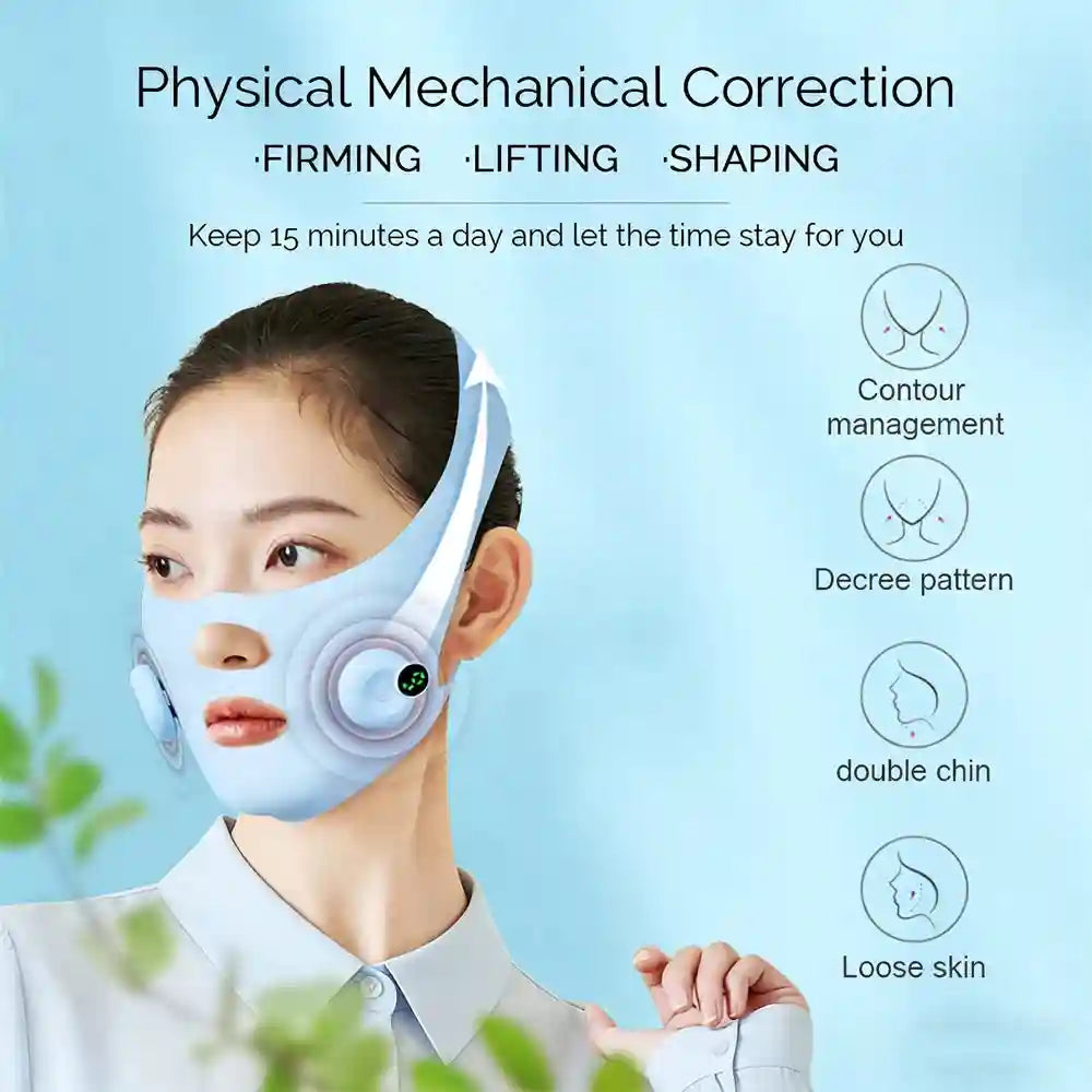 A person wearing a light blue, ergonomic facial EMS lifting strap with circular massagers on the cheeks.