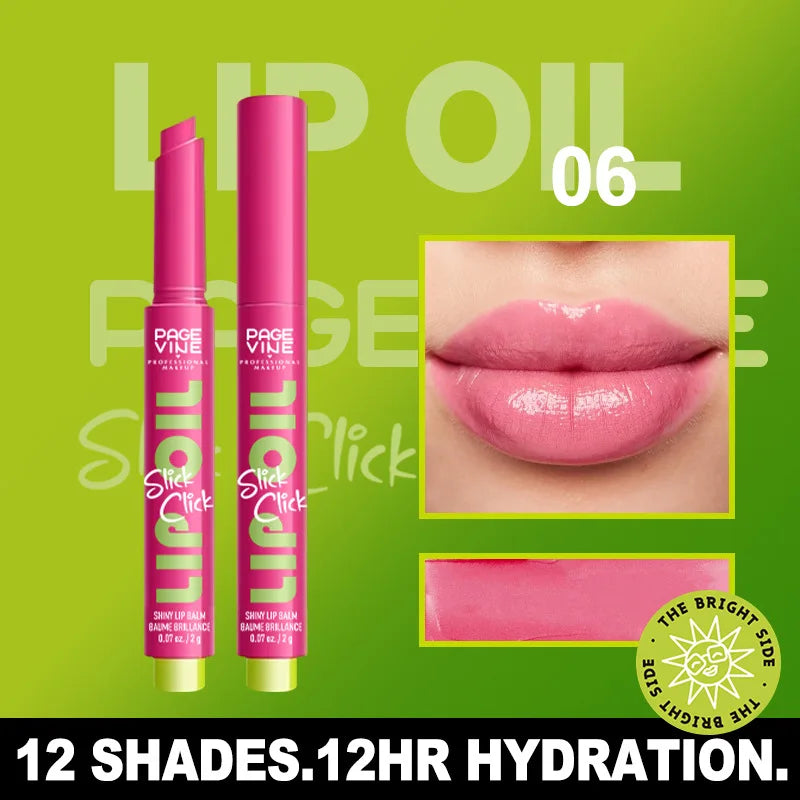 Pink click-press moisturizing lip oil, shiny glossy finish, hydrating lip glaze in shade 06 for plump lips.