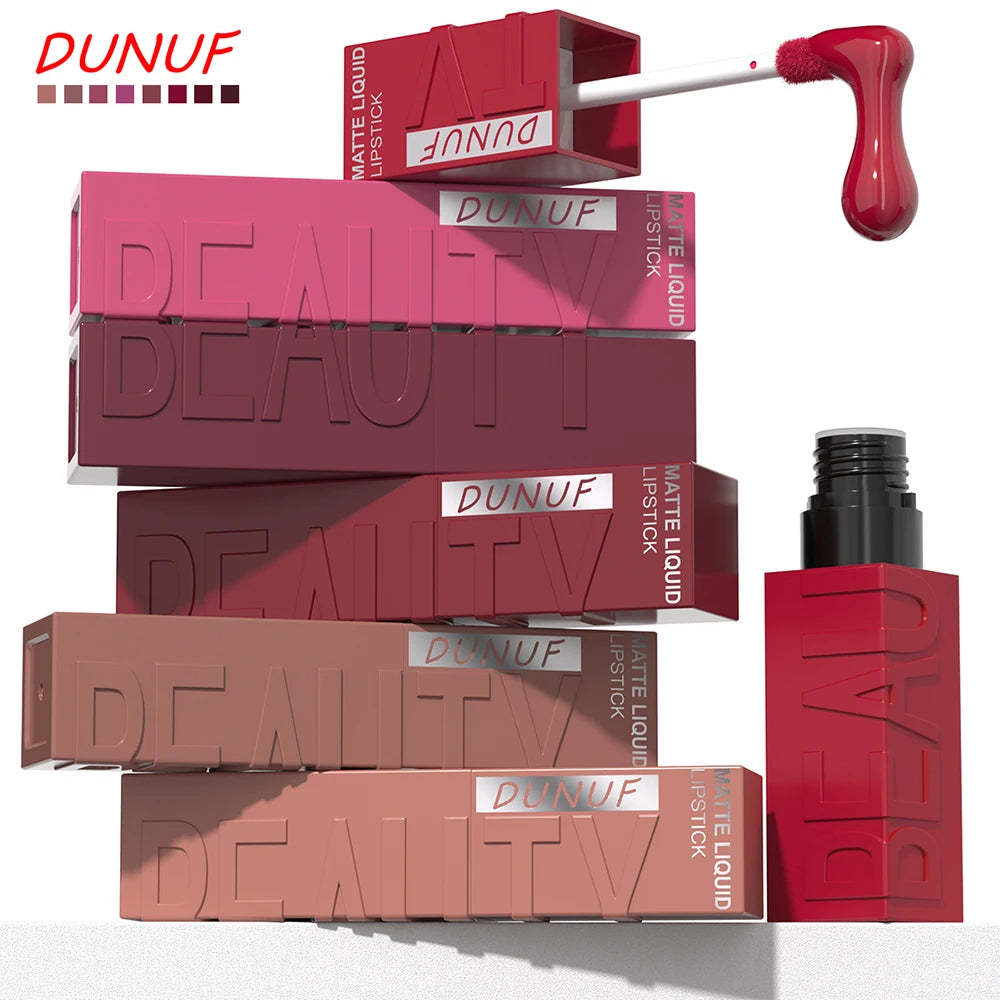 8pc Dunuf matte liquid lipstick set in nude and red shades with waterproof, non-stick, long-lasting formula.