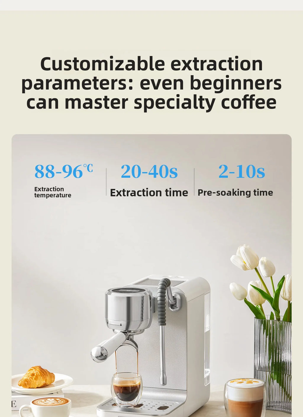 White metallic home espresso machine with digital display, steam wand, and customizable temperature extraction settings.