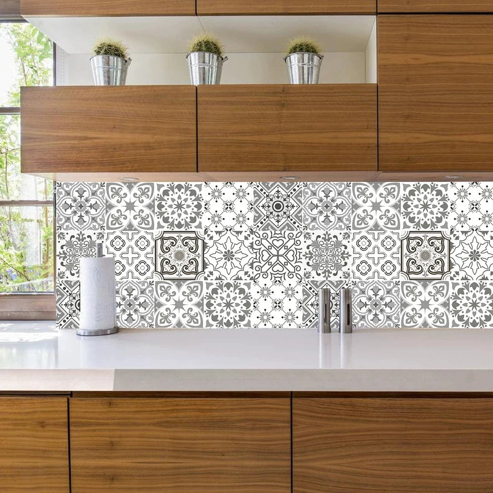 Mosaic tile backsplash sticker sheet with gray and white Moroccan pattern squares