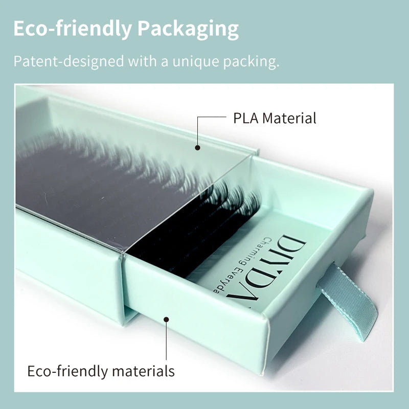 DIYDAY individual black mink lashes in a sliding, mint-green eco-friendly PLA material box with pull tab.