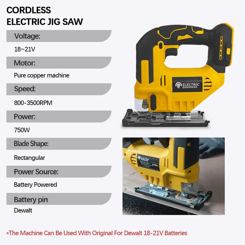 Cordless Jigsaw 3500RPM Electric Saw 45 Degree Cutting Angle Jigsaw Woodworking Tools For Dewalt 20V Battery Pin