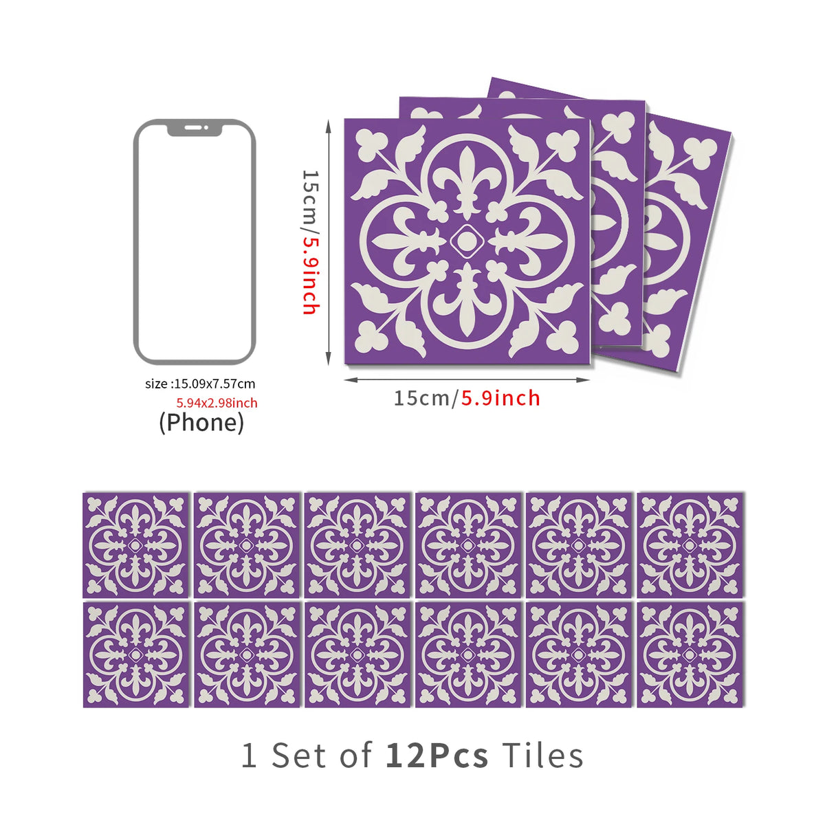 Set of 12 Moroccan peel-and-stick tile stickers, lavender with dark purple ornate damask.