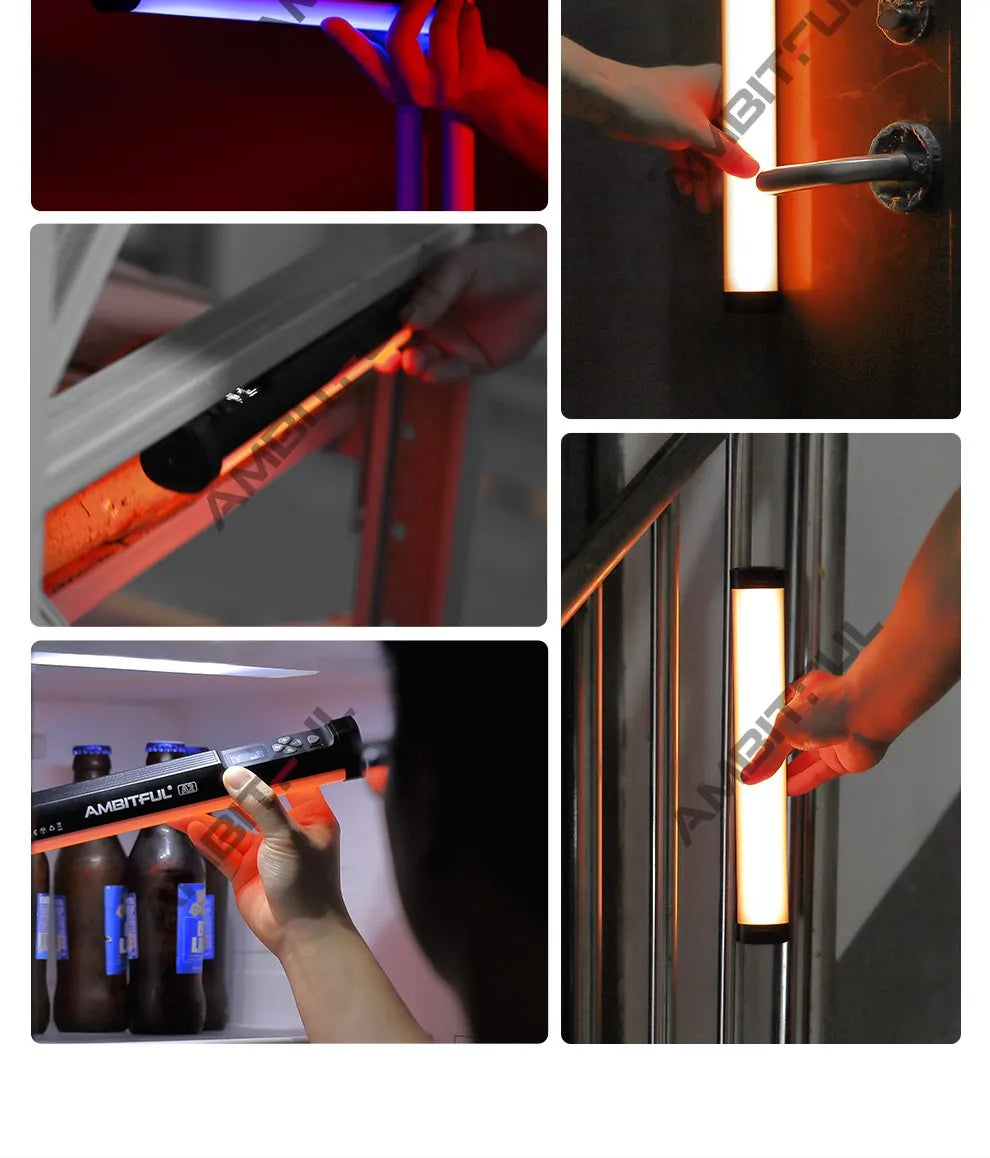 Handheld LED light bar with magnetic mounting, adjustable colors, and digital display for portable photography lighting.