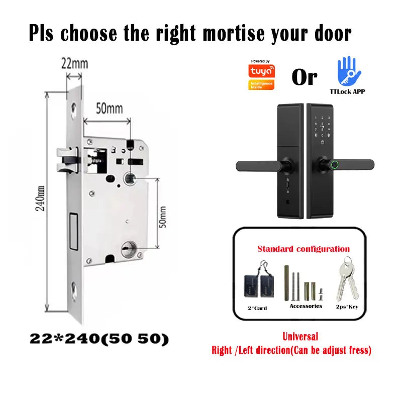 Keyless Tuya Bluetooth APP Digital Biometric Fingerprint Electric Smart Door Handle Key Card Lock with 5050 72 85 Mortise