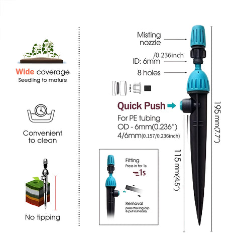 Adjustable misting sprinkler nozzle with quick-push connector and drip/8-hole design