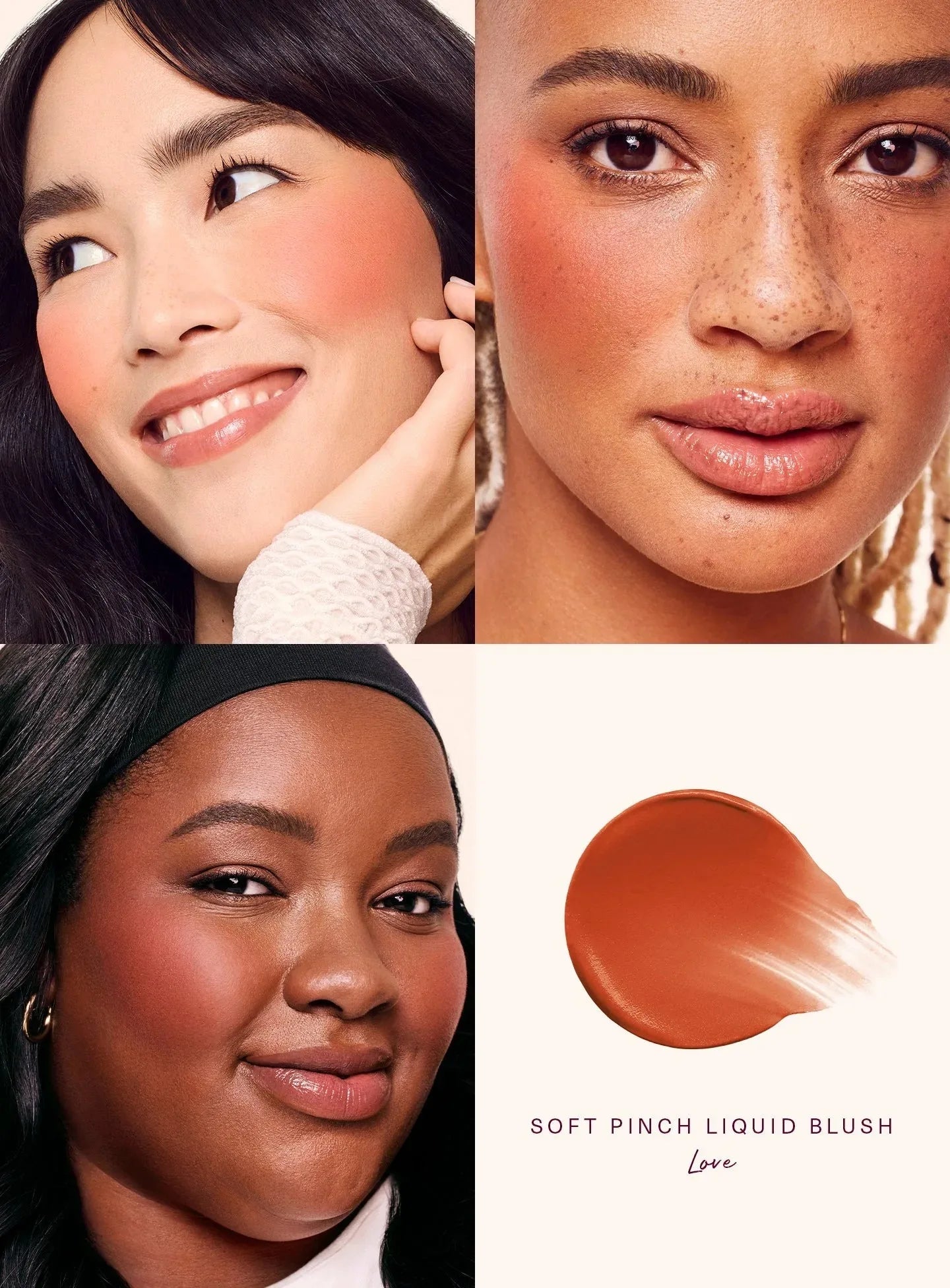 Rare Beauty Soft Pinch Liquid Blush in 'Love' terracotta shade: creamy, blendable pigment shown on diverse skin tones.