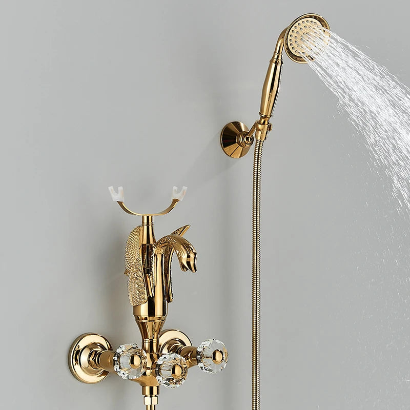 Golden Swan Bathtub Shower Faucet Wall Mounted Hot Cold Water Bath Tub Faucet Rotate Spout Dual Handles