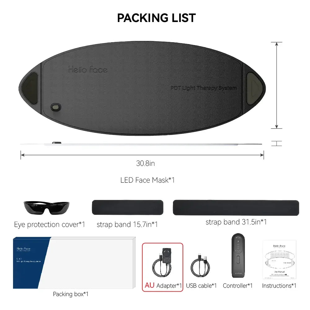 Packing list for Hello Face PDT light therapy mask: includes mask, straps, glasses, controller, cables, and box.