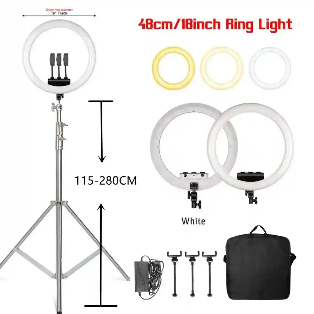18-inch LED ring light with adjustable tripod stand (115-280cm), three phone mounts, power adapter, and carry bag.