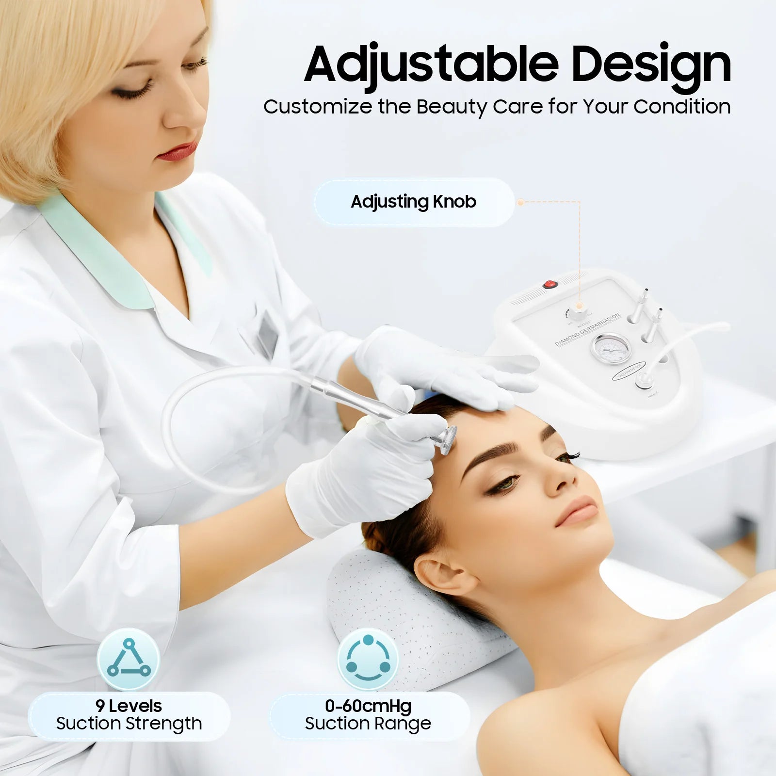 Professional diamond microdermabrasion machine for home beauty with 9 suction levels and adjustable vacuum pressure.