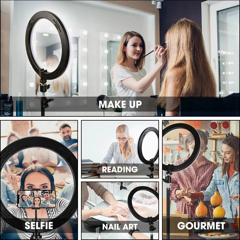 Black LED ring light on an adjustable stand for makeup, selfies, reading, nail art, and food photography.