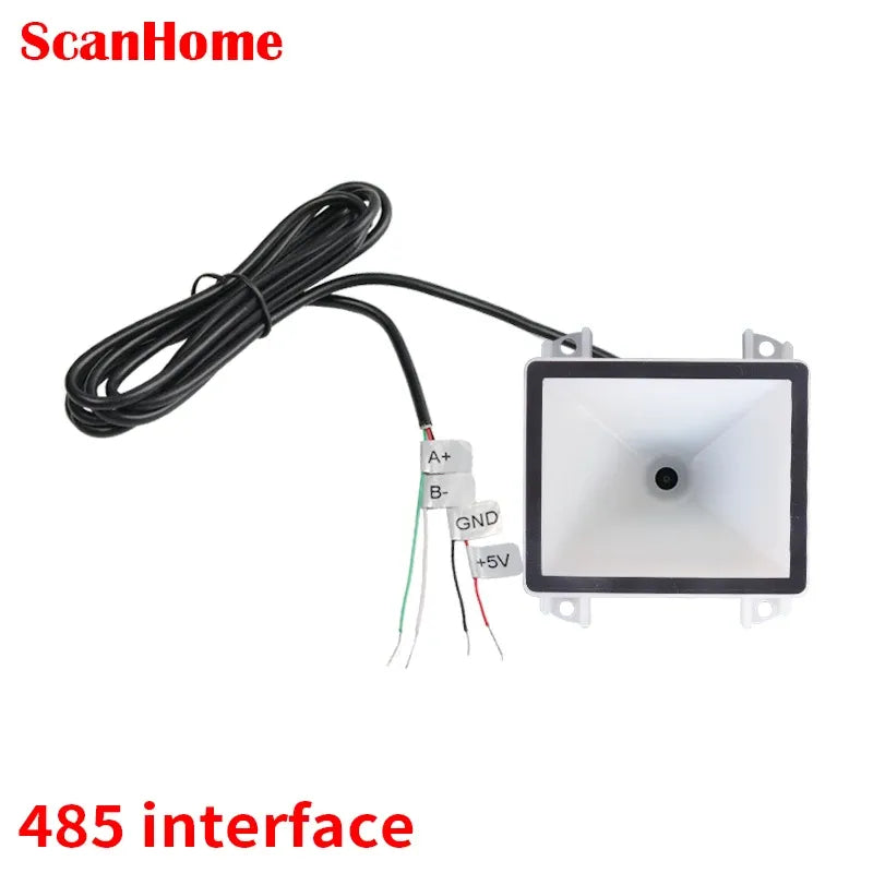 Fixed-mount barcode scanner with RS485 interface wiring and terminal leads