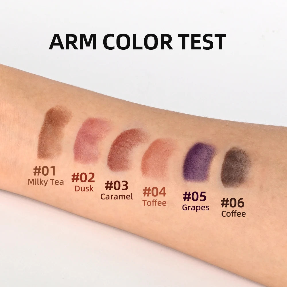 Arm color test of 6 shades of matte waterproof lipstick pencil in brown, red, and purple tones for gradient lips.