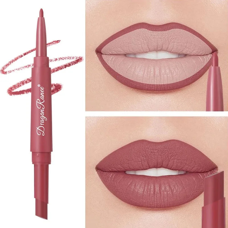 Dual-ended waterproof rose red lip liner and matte lipstick for a long-lasting, smooth, full-coverage lip makeup look.