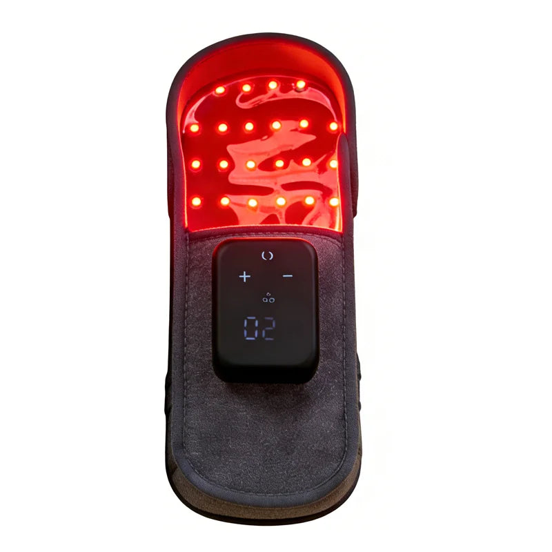 Wireless red light therapy slipper for foot pain with LED panel and digital control display for home infrared treatment.