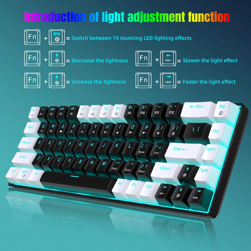 68-key mechanical keyboard with black and white keycaps, RGB backlighting, and a diagram explaining light controls.