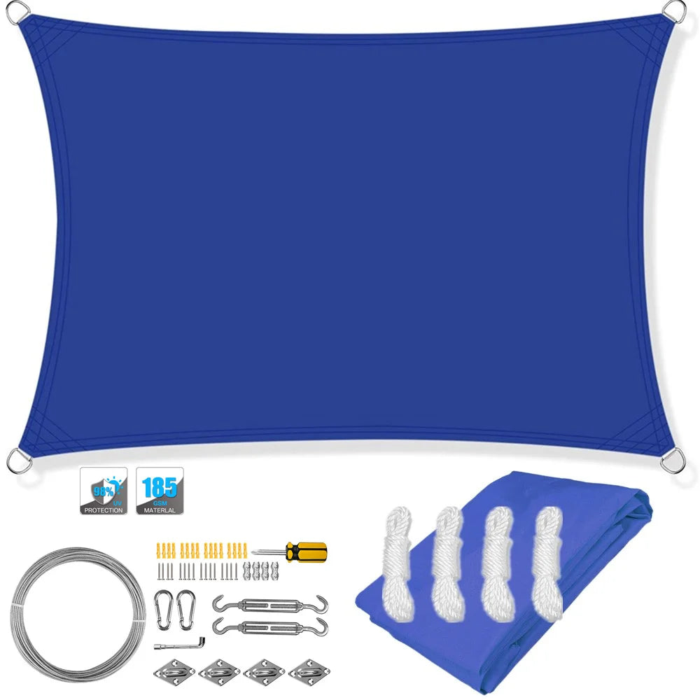 Blue rectangle sun shade sail canopy with corner grommets and included mounting kit items.