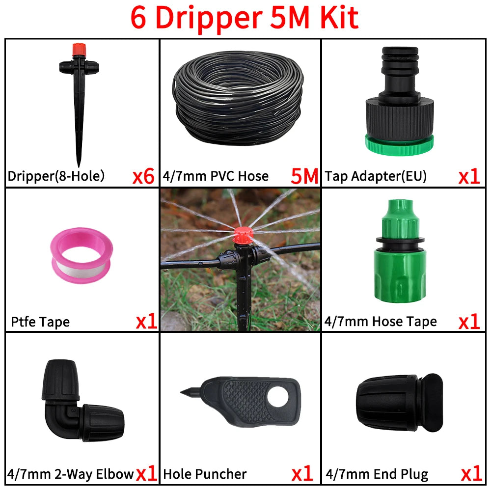 Dripper irrigation kit contents: drippers, hose coil, tap adapter, punch, end plugs (5M)
