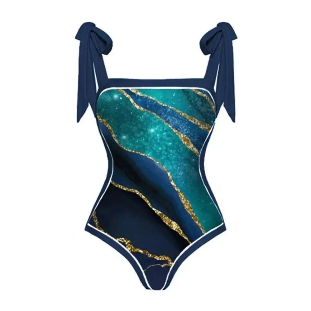2Pcs/Set Women Monokini Suit Vintage Print One-Piece Square Neck Tie Swimsuit With Skirt Sling Lady Swimsuit With Beach Cover Up