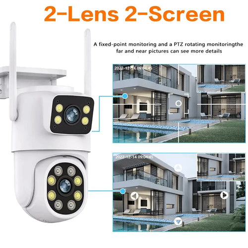 White outdoor dual-lens PTZ WiFi security camera with side antennas and split 2-screen view