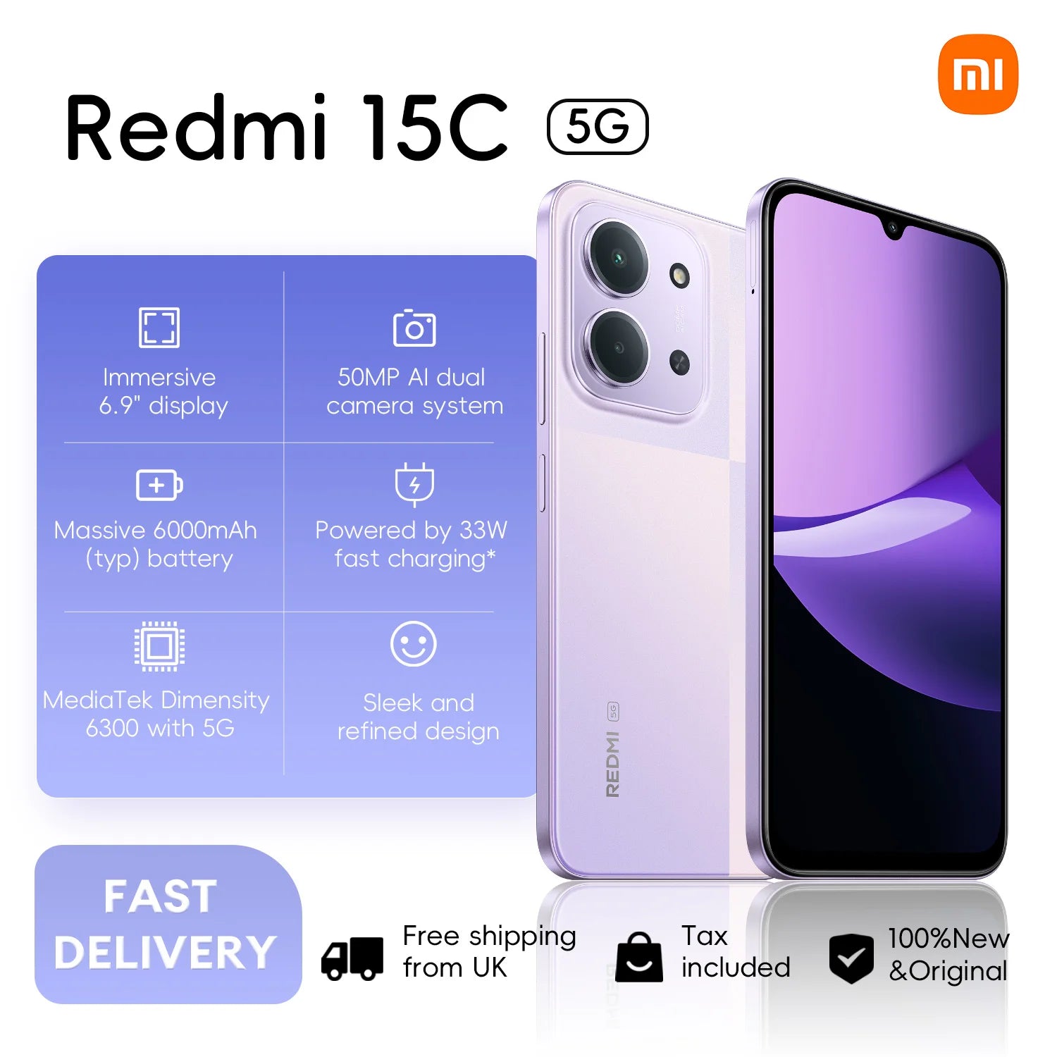 Redmi 15C 5G 4+128GB Global Version 120Hz 6.9“ Dot Drop Display 6nm MediaTek Dimensity 6300 processor 50MP Camera 6000mAh 33W