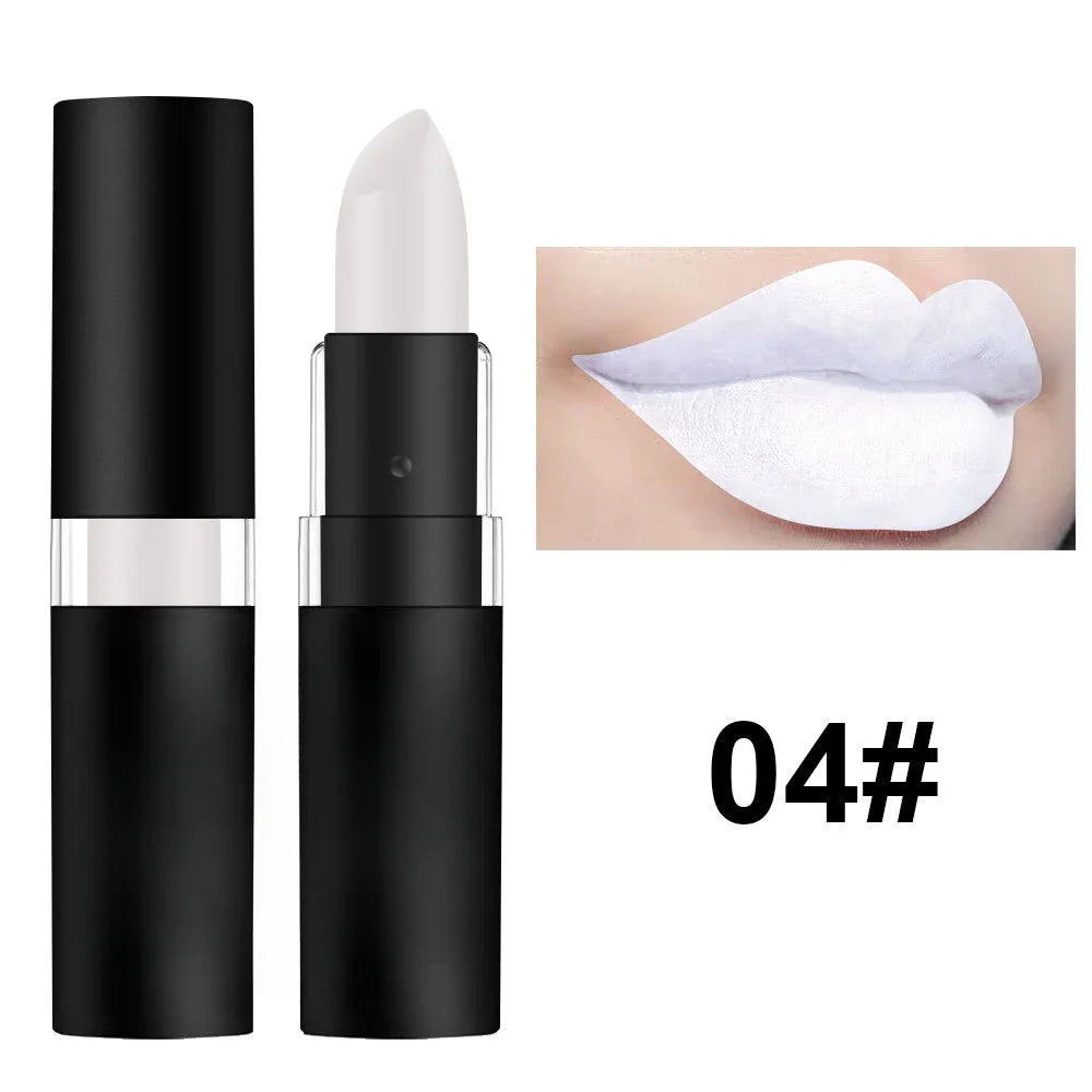 Matte white lipstick in a black tube, long-lasting waterproof lip makeup, swatch showing opaque white finish.