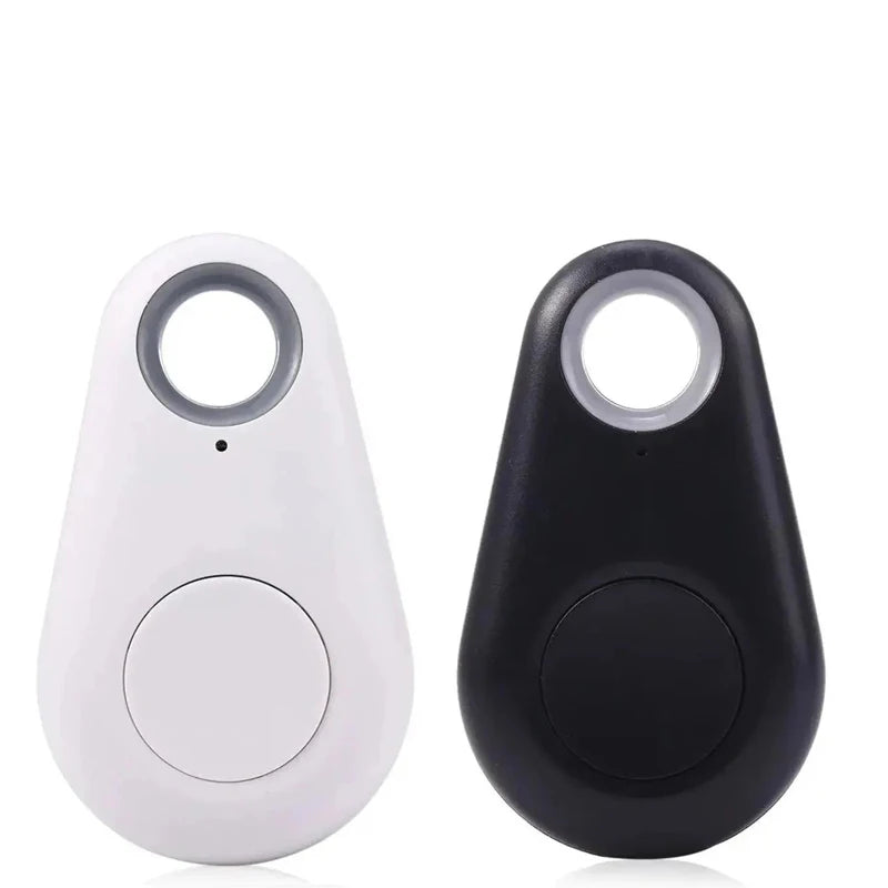 Mini Bluetooth GPS tracker tags for pets in black and white. Anti-lost smart locators for pet collars and keychains.