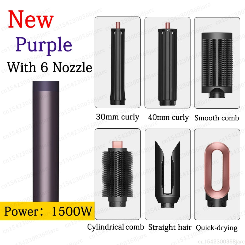 SenCiciMen X9 purple 6-in-1 hair dryer and hot air brush styler with curling barrels and smoothing comb attachments.