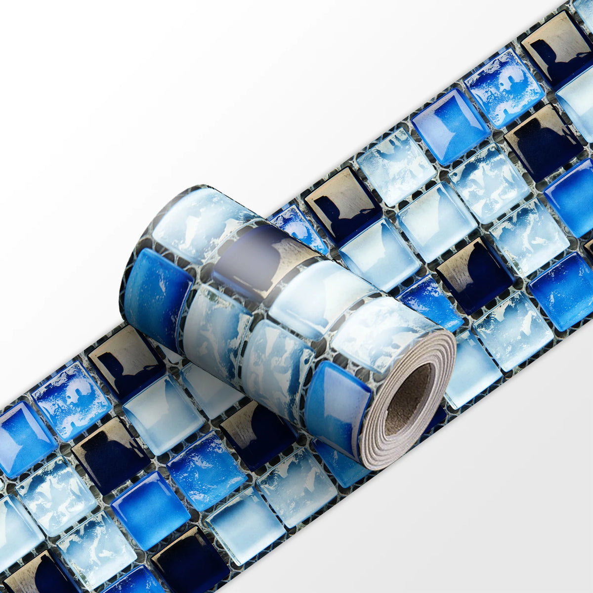 Peel-and-stick mosaic tile wall border sticker strip, blue gradient square mosaic roll