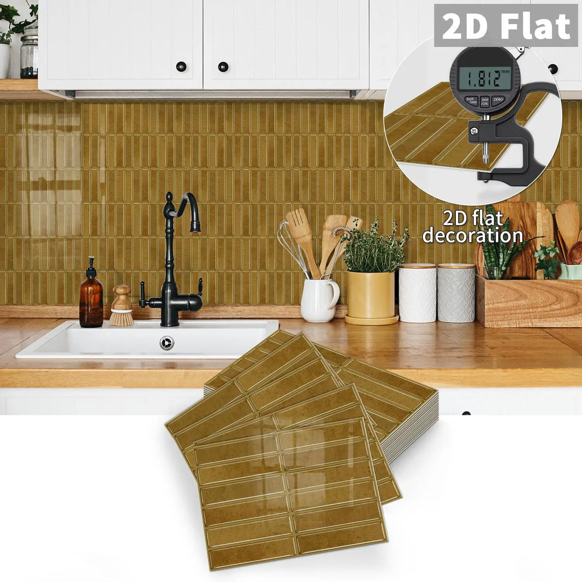 Peel-and-stick tile decals, olive gold square mosaic tiles with clear grid pattern