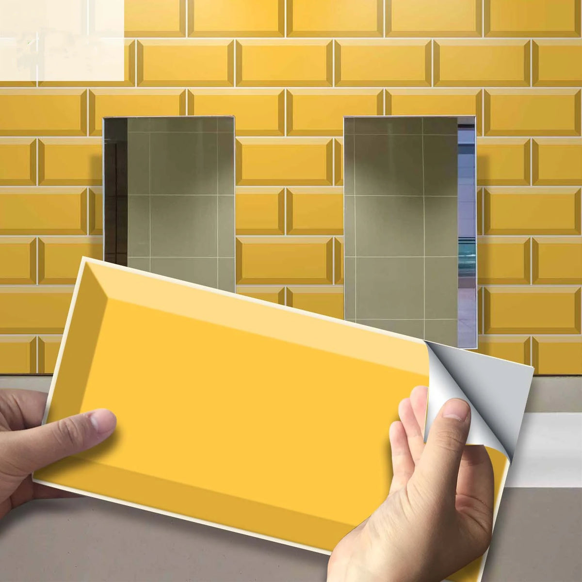 Peel-and-stick brick tile sticker sheet, yellow brick pattern.