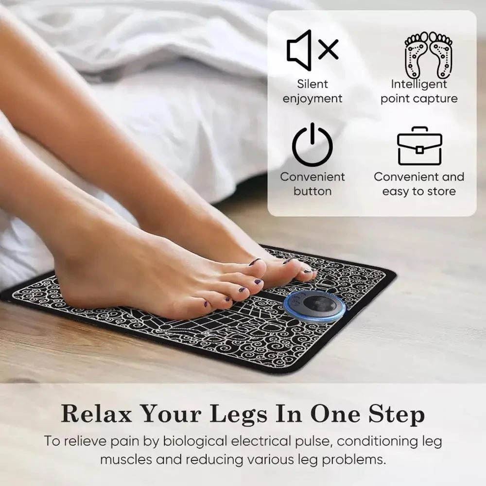 Rechargeable black EMS foot massage mat for sore feet relief, featuring a portable design for easy home use.