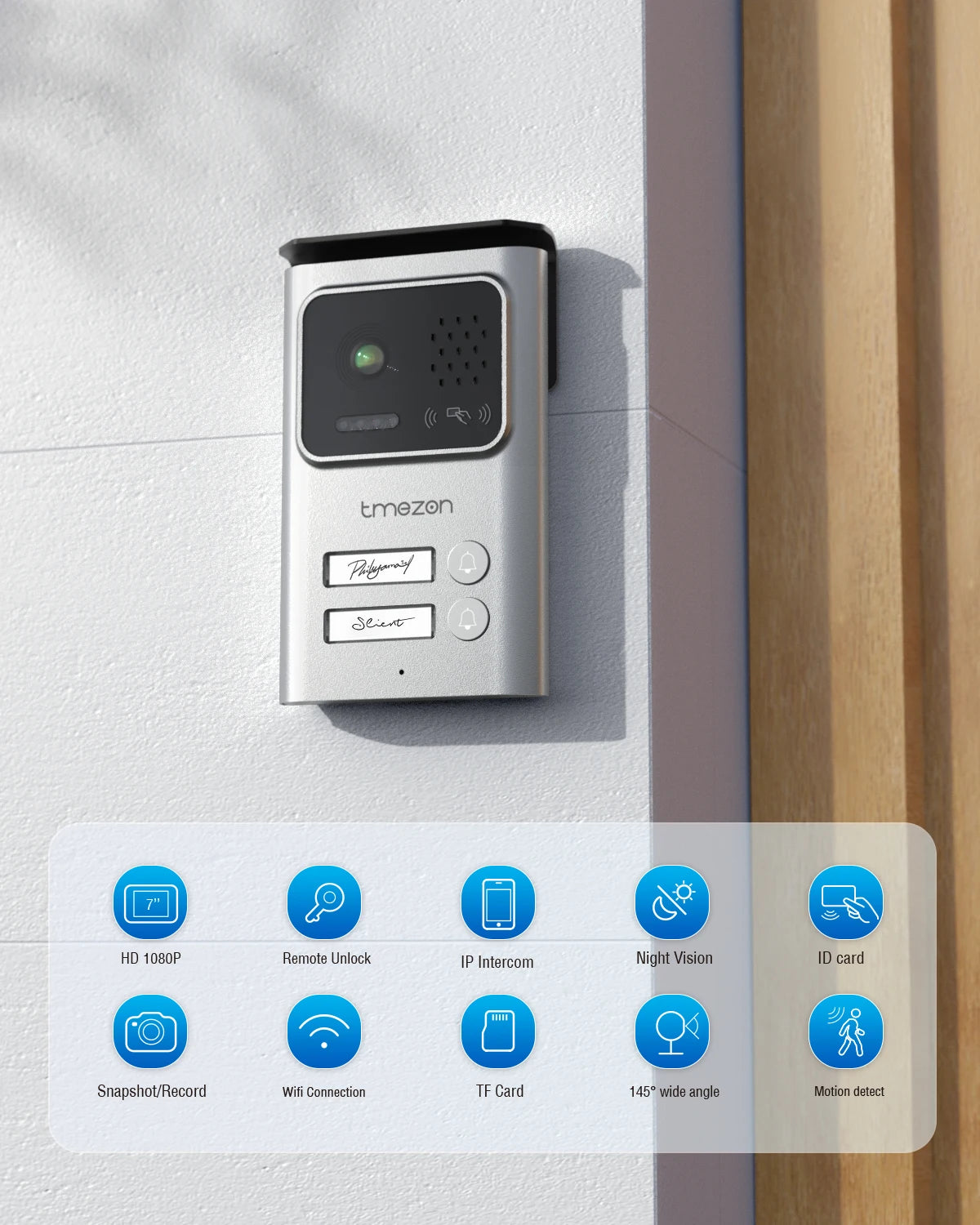 TMEZON 730 2 Wire 7 Inch Tuya App 1080P Wifi Smart Video DoorPhone Intercom System with Wired Doorbell APP/Password/Card Swipe TouchScreen